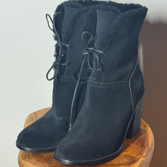 UGG|| Jerene Genuine Shearling Black Suede Block Heel Fold Over Boots Size 10 - Picture 4 of 11